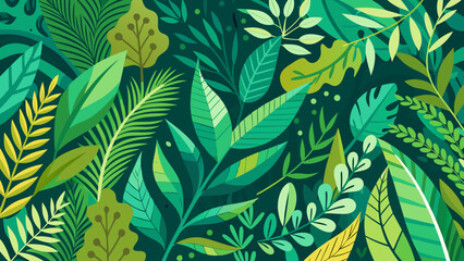 Vector art of a vibrant and lush pattern of diverse green leaves and foliage, creating a rich botanical background with a natural, organic feel