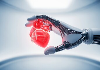 A robotic hand holding a glowing heart with a heartbeat line symbolizes artificial intelligence in healthcare, medical innovation, and AI-driven patient care.

