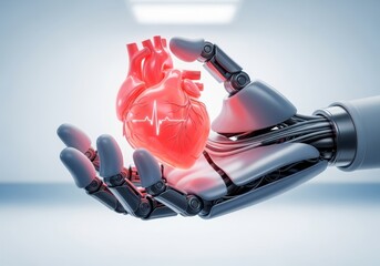 A robotic hand holding a glowing heart with a heartbeat line symbolizes artificial intelligence in healthcare, medical innovation, and AI-driven patient care.


