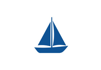 Fototapeta premium Blue sailboat with single mast, flat vector silhouette, nautical symbol. Illustrator vector
