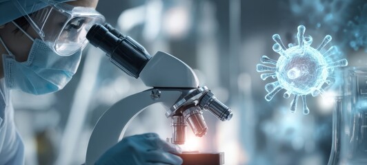 The scientist analyzing a virus sample under a microscope in a laboratory setting.