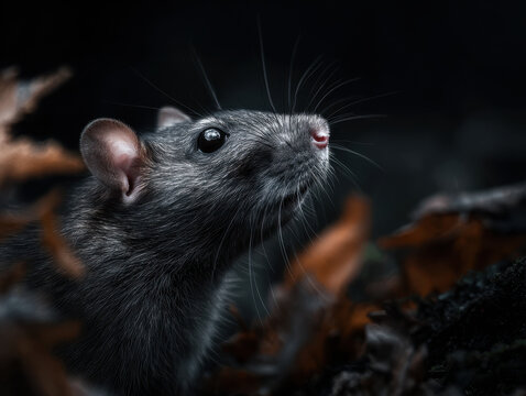 Black rat close up with shiny eyes and whiskers in dark natural environment with dry leaves - Powered by Adobe