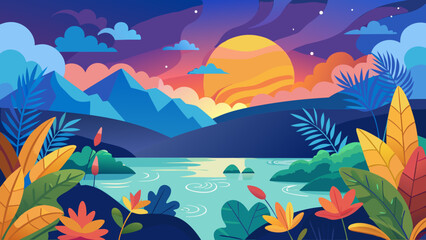 Obraz premium Vector art of vibrant sunset over a serene mountain landscape with a reflective river and colorful foliage, creating a picturesque and atmospheric natural scene