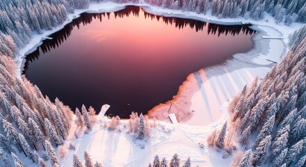 Aerial winter lake, snow-laden trees reflect dawn colors, partial ice cover