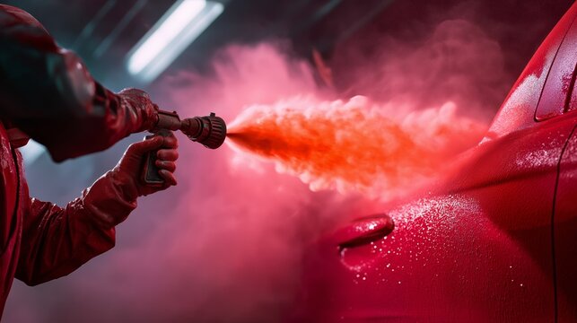 Car Painting Process: Professional Painter Applying Red Paint to Vehicle Body with Spray Gun in Automotive Workshop, Industrial Coating Application