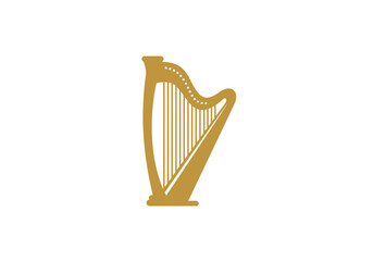 Golden minimalist harp, flat vector silhouette, classical music instrument symbol, Illustrator vector.