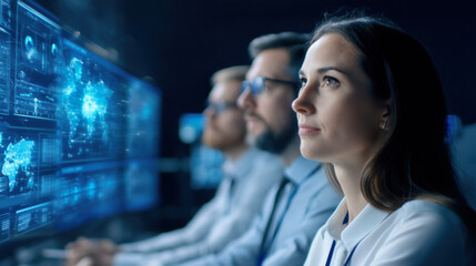 A focused team observes digital data on screens, emphasizing technology and collaboration in a modern workspace.