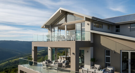 Modern Beige House with Deck Overlooking Green Hills Under Blue Sky