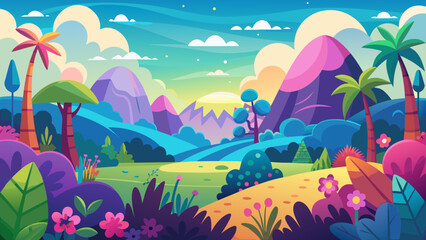 Vector art of whimsical cartoon landscape featuring rolling purple mountains, exotic trees, and vibrant flora under a bright, colorful sky, creating a magical and inviting scene