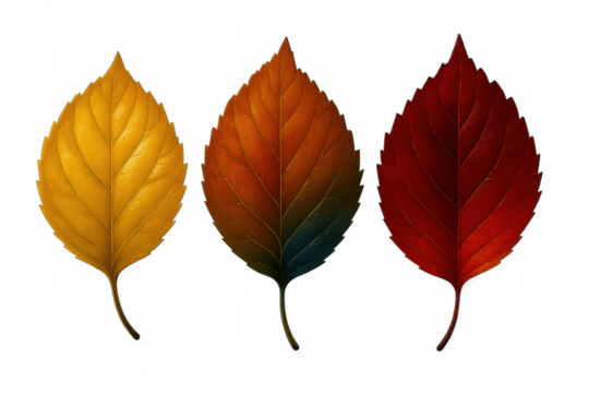 Vibrant fall leaves showcasing the transition of colors from yellow to orange and red, isolated on a transparent background