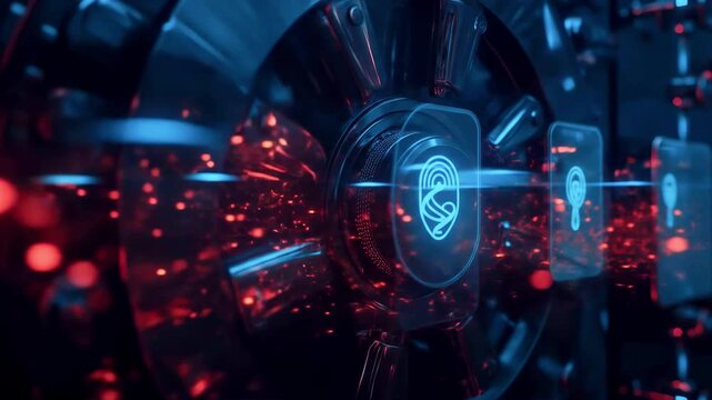 High-tech vault door with glowing interface and digital elements, showcasing security technology