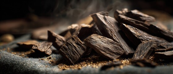Premium agarwood chips carefully arranged showing natural wood texture and grain patterns perfect for traditional medicine and sacred incense production concepts.