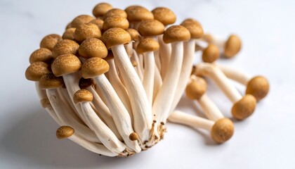 Fresh Brown Beech Mushrooms on White Surface with Healthy Food, and CloseUp.