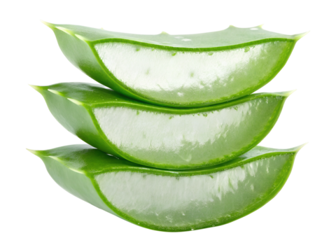 Three fresh green aloe vera plant slices are neatly stacked, showing their clear gel on a transparent background, perfect as an isolated PNG.