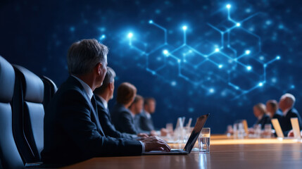 A business meeting with professionals discussing data visualizations in a modern conference room, illuminated by digital graphics.