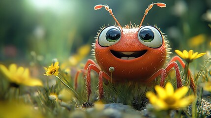 A cheerful, smiling orange bug with big eyes stands in a field of yellow wildflowers. Nature up close