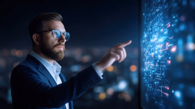 A man in a suit interacts with a digital screen displaying vibrant data visuals, set against a nighttime city backdrop.