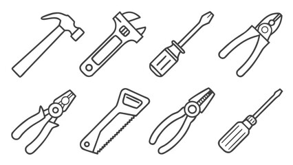 Collection of Essential Hand Tools: Hammers, Wrenches, Screwdrivers, Pliers - White Line Art on Black- Happy Labor Day
