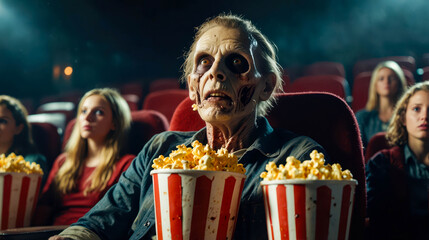 Zombie with Popcorn in Cinema Among Viewers