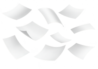 Several blank white papers floating in the air isolated on transparent background