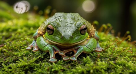Fototapeta premium Bright green frog on mossy surface, cute eyes and yellow accents, nature focus