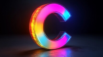 Radiant letter C a glossy, glowing character illuminated with vibrant hues against a dark backdrop