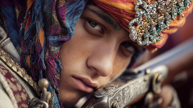 Moroccan Fantasia, close-up of rider with decorated musket and colorful headwrap