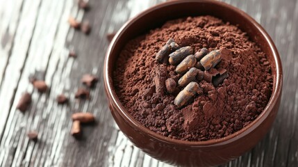Cocoa nibs tumbling into a bowl of cocoa powder, nibs ricocheting off the surface, decadent and tactile