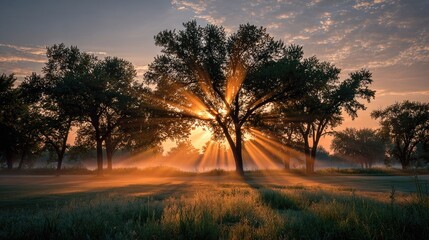 Naklejka premium Sunrise rays burst through a silhouetted tree in a misty field