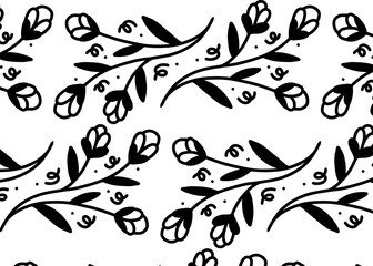 Fototapeta premium Floral vector tattoo illustration with black and white decorative swirls and plant silhouettes