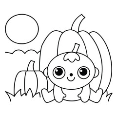 Adorable baby character sitting with pumpkins and moon outline for coloring halloween cute