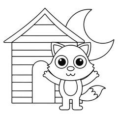 Adorable cartoon fox standing in front of a doghouse with a crescent moon in the night sky animal