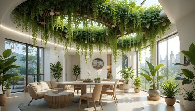 “Living ceiling garden with self-watering tech and oxygen-releasing plants in a futuristic eco-home”
