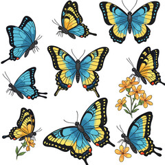 Collection of exquisitely detailed butterflies gracefully fluttering amidst vibrant blossoms in a nature-inspired scene