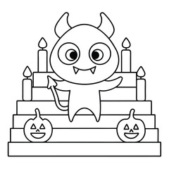 Cute cartoon devil with horns and tail on a tiered platform with pumpkins and candles halloween