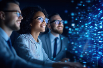 Three professionals engaged in digital work, smiling as they interact with glowing data visuals, showcasing teamwork and innovation in a tech-driven environment.