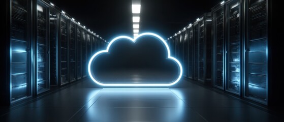 The glowing cloud symbol in a high-tech server room environment.