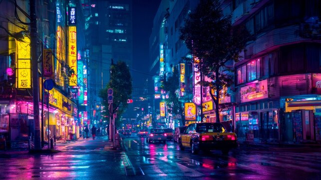 Urban Nightlife Neon. Neon-lit street photography capturing nightlife and city vibrance, blending moody aesthetics with a bold color palette.