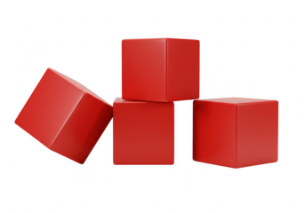 Four red cubes stacked and tilted isolated on transparent background