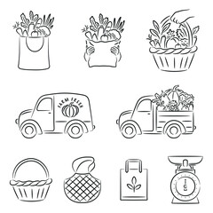 Line Art Local Produce and Delivery Icons, Bags, Baskets, Farm Fresh set, Farm Truck, Car, Scales, Vegetables, Fruits