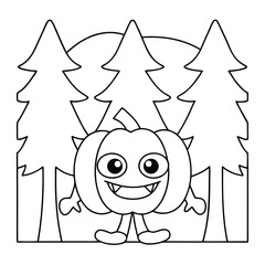 Smiling cartoon pumpkin with fangs standing in a forest with pine trees and a large moon halloween
