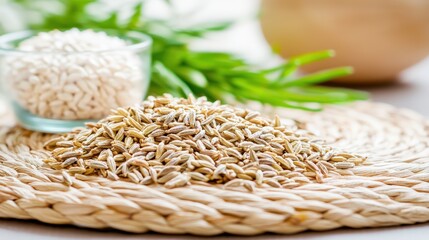 Caraway seeds spilling onto a woven mat, seeds scattering dynamically, textured and organic feel