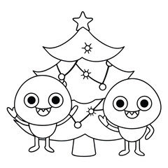 Two cute cartoon monsters waving in front of a decorated Christmas tree vector illustration
