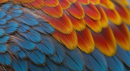 Obraz premium Colorful feathers texture. Blue, orange, and yellow avian plumage detail