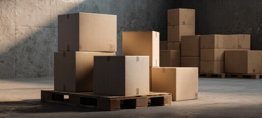The stacked boxes on a pallet in a spacious, minimalist warehouse.