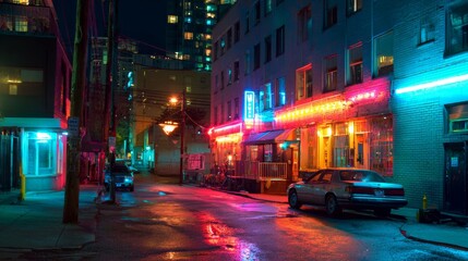 Urban Nightlife Neon. Neon-lit street photography capturing nightlife and city vibrance, blending moody aesthetics with a bold color palette.