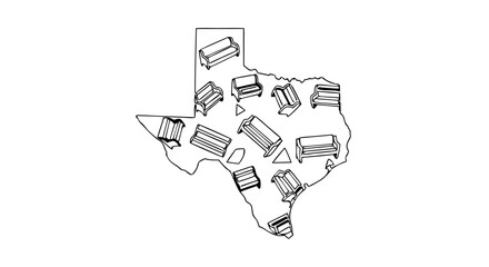 Monochrome line art illustration depicting the geographical outline of Texas filled with numerous scattered benches.