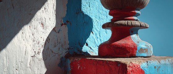 Painted pillar base against a weathered wall