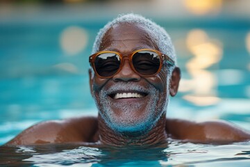 Physically active elderly senior Black African American swimmer smiling, highlighting the joy of fitness and maintaining an active lifestyle during the senior years, Generative AI