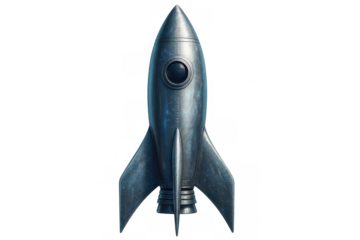 Vintage metallic rocket soaring across starry cosmic background, transparent overlay showcasing nostalgic space travel design